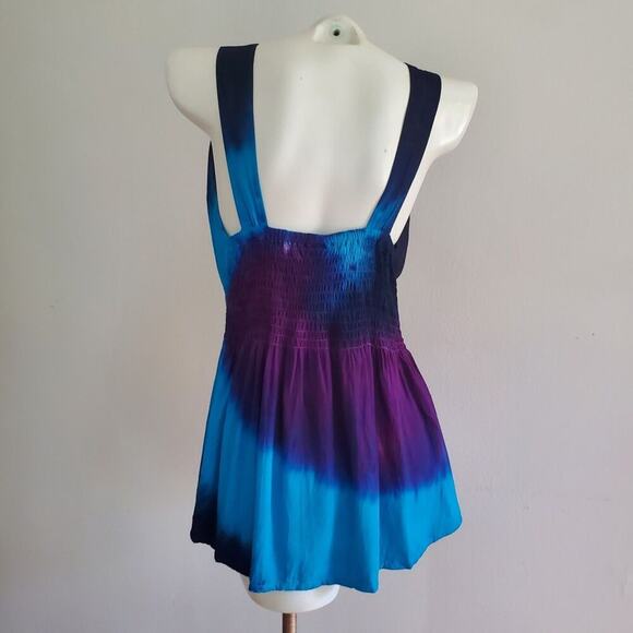 Vintage Sleeveless Empire Waist Tie Dye Blouse V Neck Crochet Lace Boho Hippie - Picture 2 of 14